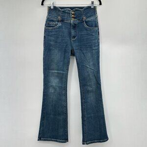 Decorative Flowers Scalloped Waistband Flare Leg Jeans Size 28